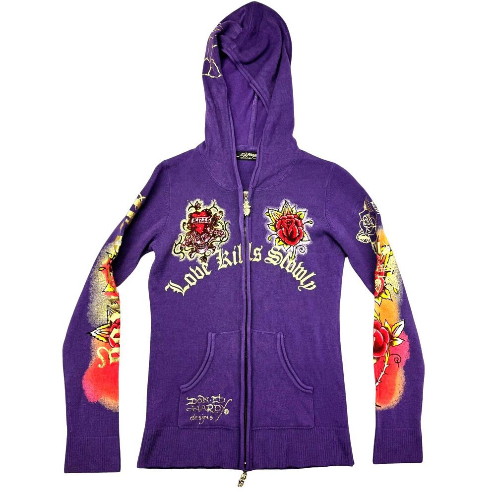 Ed Hardy Knit Full Zip Hoodie Womens Medium Purple Love Kills Slowly Vintage Y2K